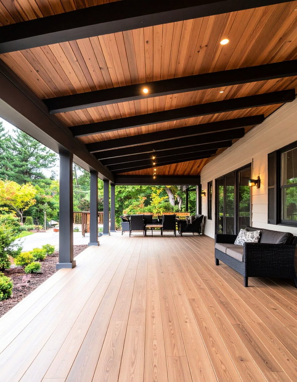 Lange overdekte veranda met houten plafond en zwarte balken